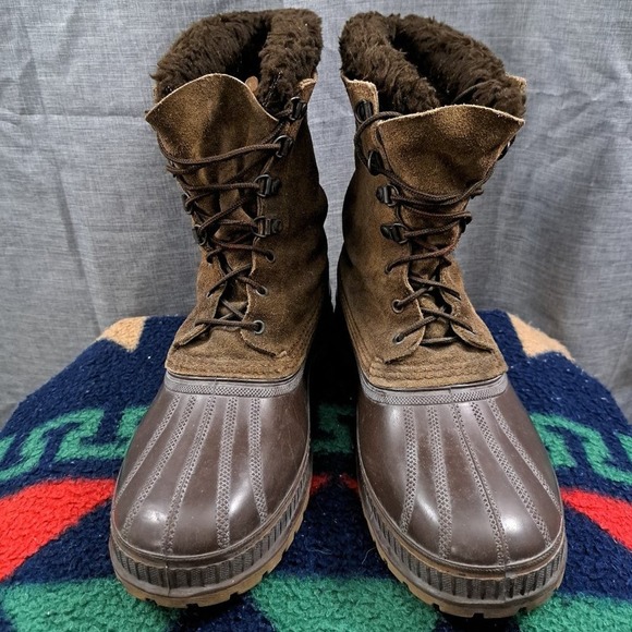 Sorel Winter Snow Boots Mens 8 Brown Leather Faux Fur Lace Up Size 10